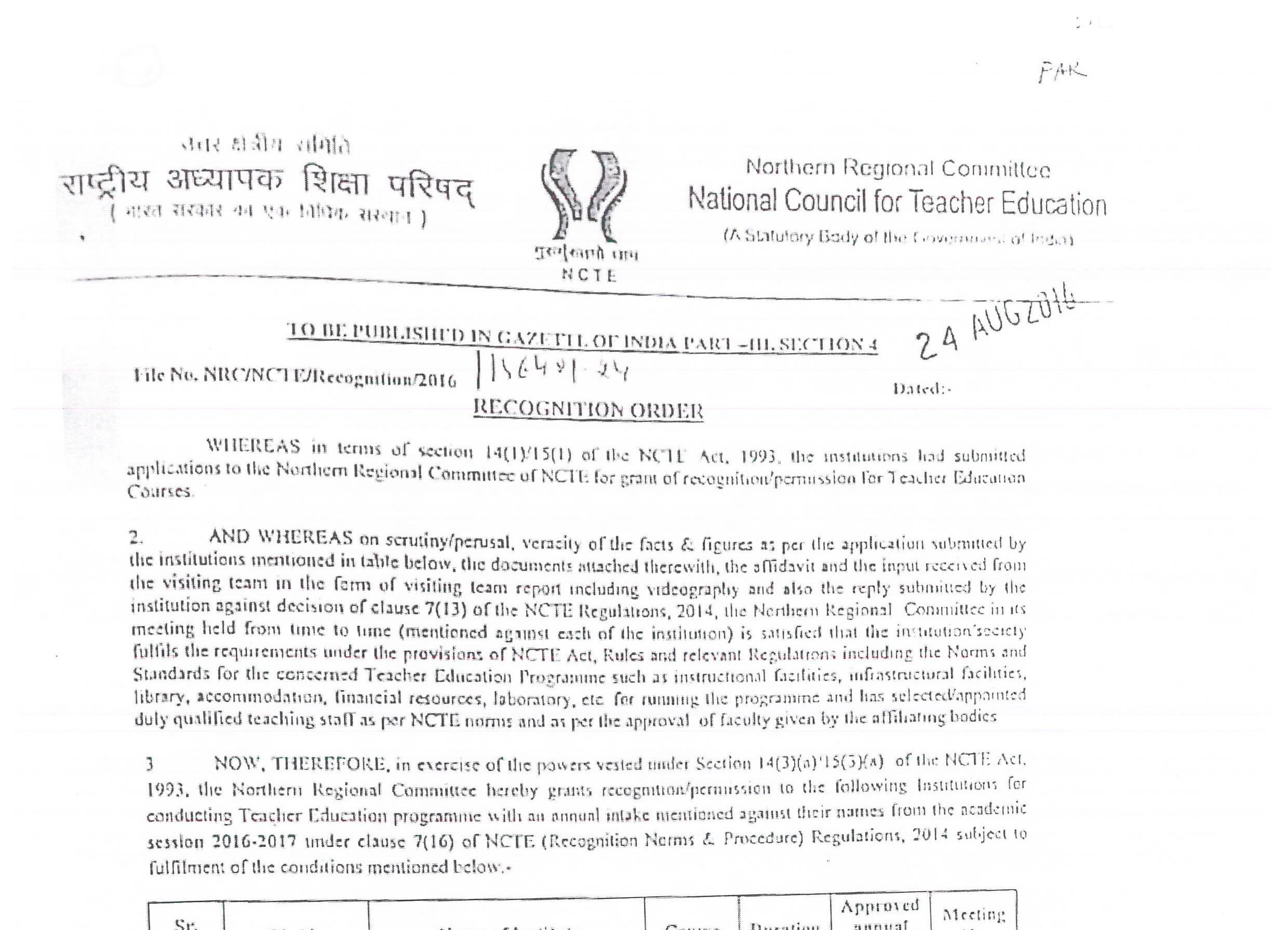 NCTE Approval B.Ed., M.Ed.,B.AB.Ed. & B.Sc.B.Ed